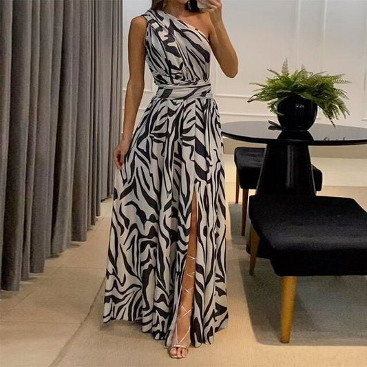 Robe longue élégante femme – Robe fendue asymétrique à imprimé zébré et taille cintrée