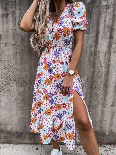 Robe maxi bohème femme – Robe élégante à manches bouffantes et fente chic