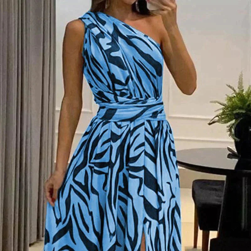 Robe longue élégante femme – Robe fendue asymétrique à imprimé zébré et taille cintrée