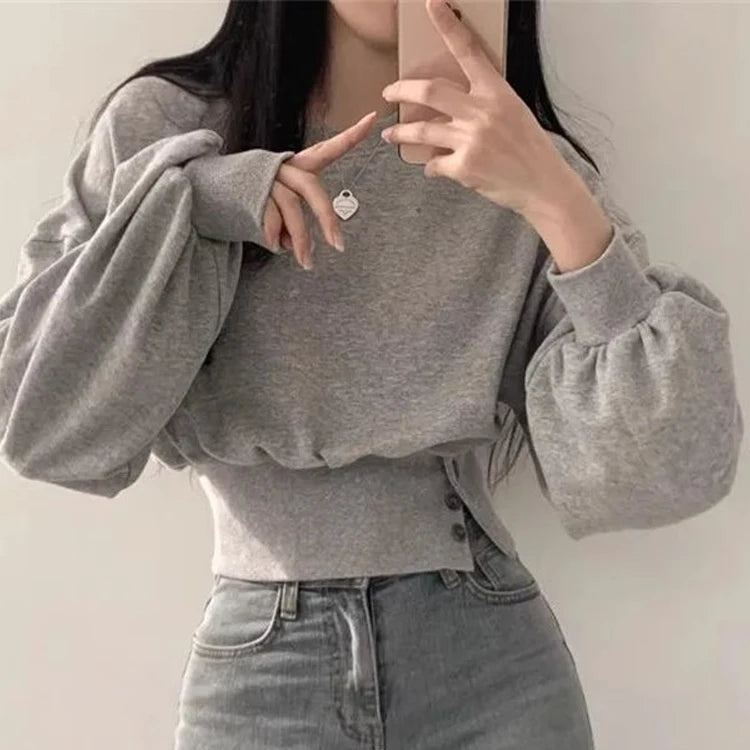 Pull court femme – Haut à manches bouffantes chic avec boutons élégants