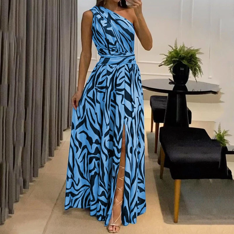 Robe longue élégante femme – Robe fendue asymétrique à imprimé zébré et taille cintrée